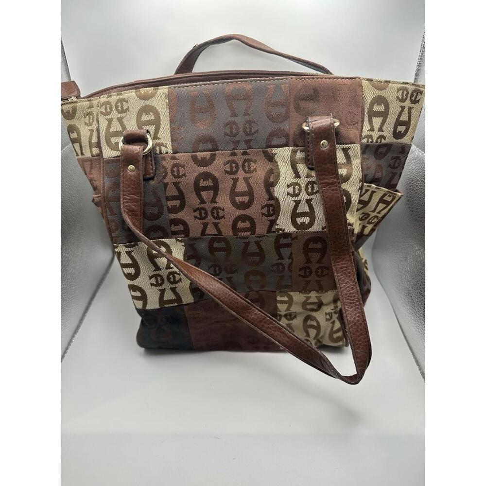 Vtg Etienne Aigner EA Brown Patchwork Monogram Logo Handbag Boho Zipper Top